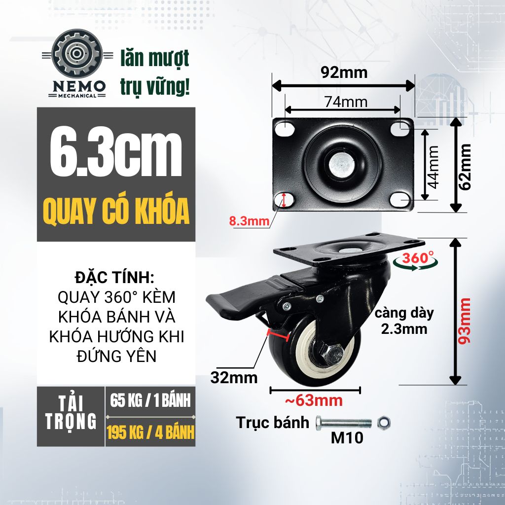 Bánh Xe Đẩy Hàng Đen Trắng – Chịu Tải Tốt, Khung Thép Sơn Tĩnh Điện